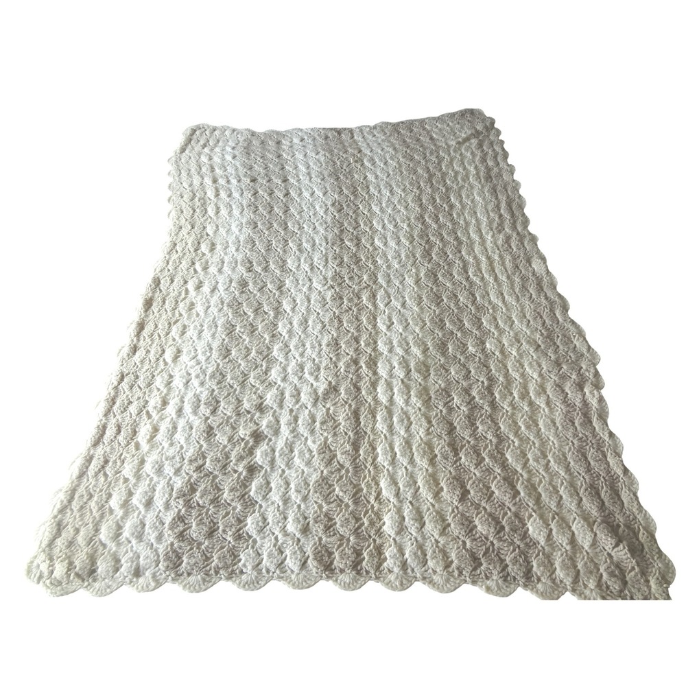 Handmade Crochet Blanket Cream Excellent Scallop Stitch Afghan